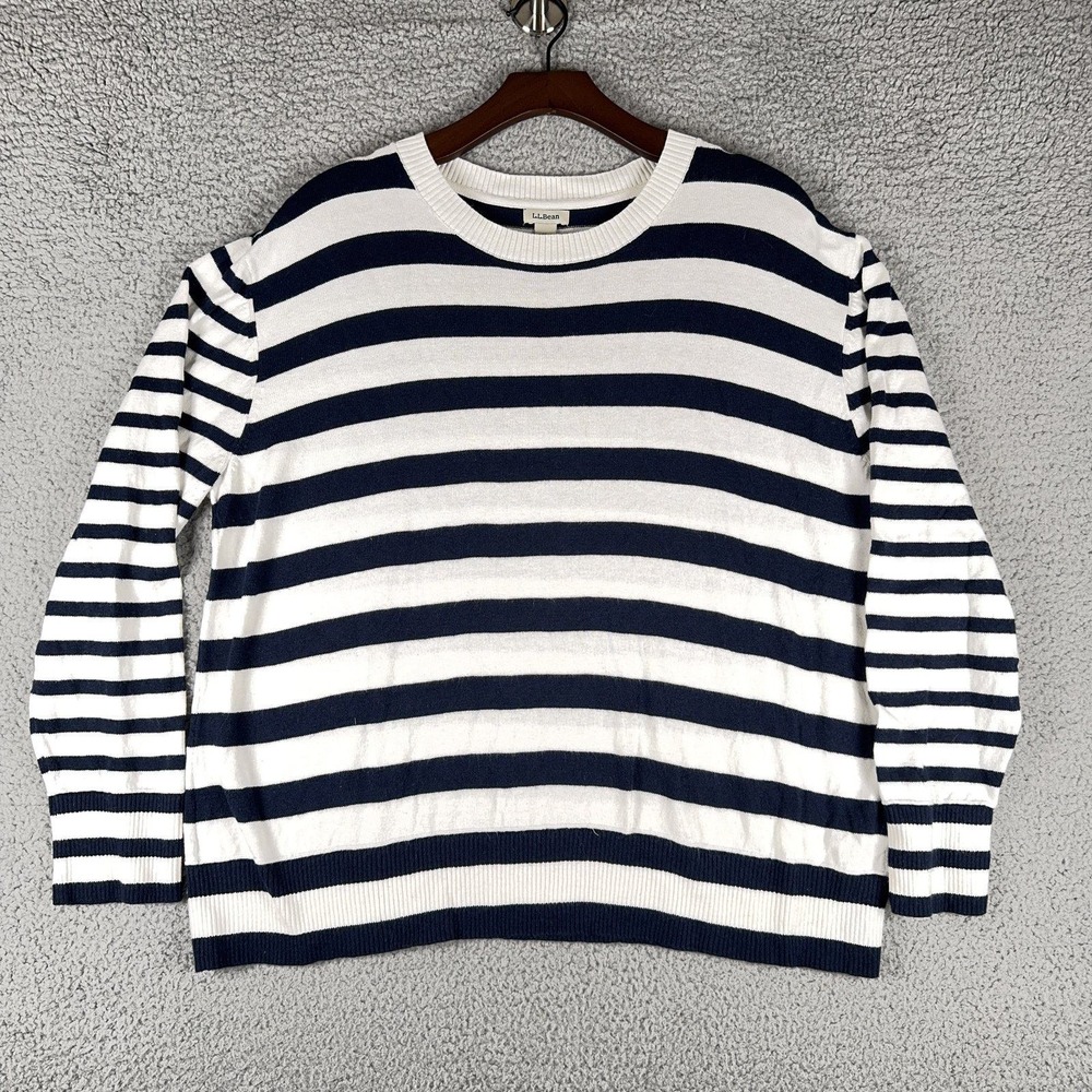 L.L.Bean Womens XL Navy White Striped Crewneck Sweater Cotton Cashmere Breton